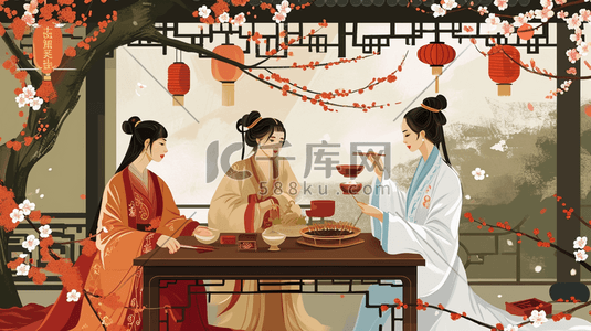 中国彩色古代女子闺中密友喝茶的插画2