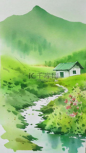 天山天池风景插画图片_水粉水彩插画春天山中小屋