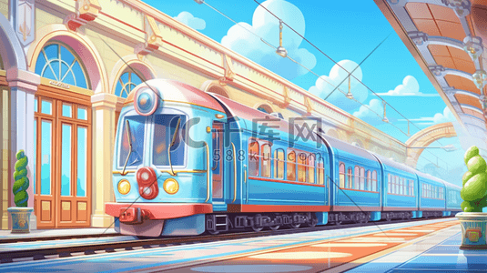大气现代插画图片_蓝天白云下现代化高铁到站的插画4