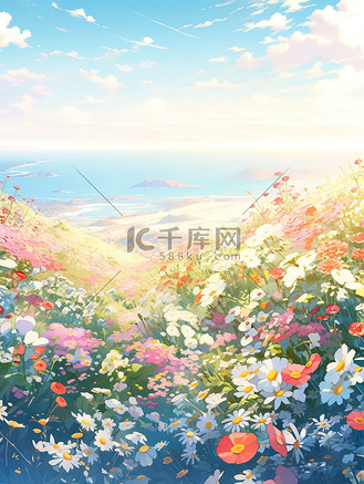 清晨阳光广阔的花海原创插画