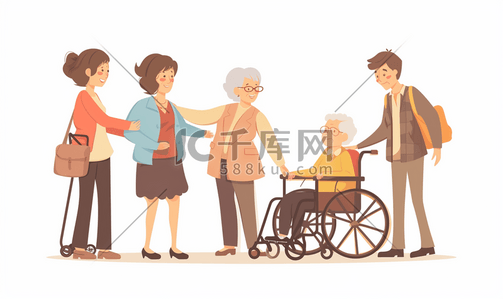 老年女性插画图片_女护工照顾行动不便的老人