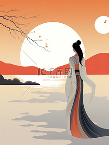 古装美女插画图片_古装美女日落宁静风景插画素材