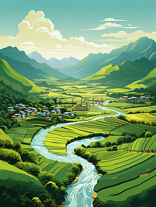 绿水青山春天田园风光矢量插画