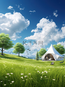 绿树绿草帐篷蓝天白云微观场景矢量插画