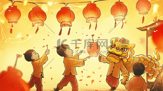 卡通中国春节龙年孩童观看舞狮的背景图7原创插画