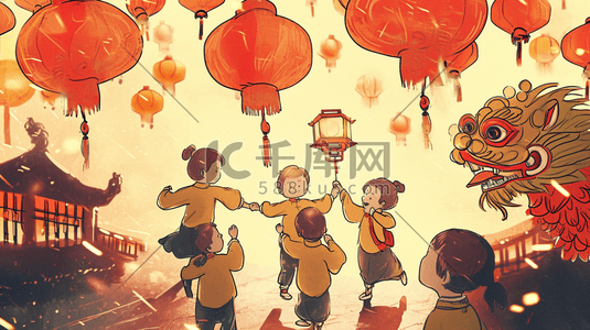 卡通中国春节龙年孩童观看舞狮的背景图10插画设计