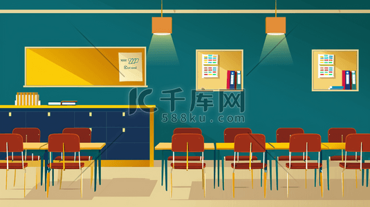 彩色平面教室桌椅讲台的插画1