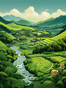 绿水青山春天田园风光矢量插画