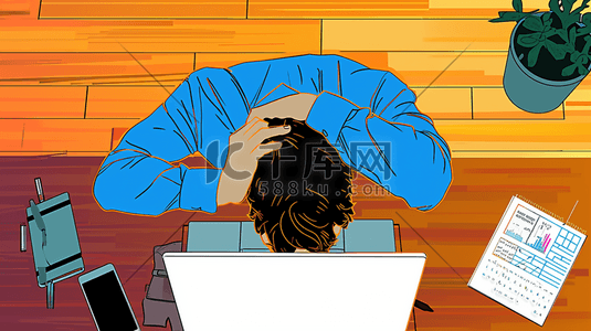 扶额苦恼插画图片_漫画办公室人员电脑前工作的背景图5原创插画