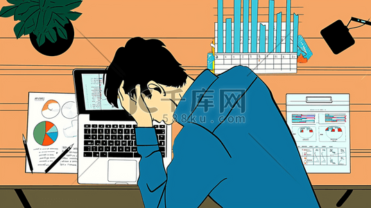漫画办公室人员电脑前工作的背景图3插画