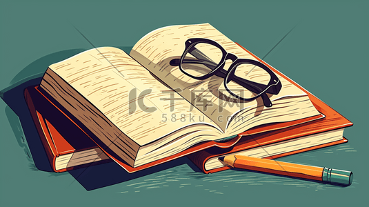 手绘矢量书本插画图片_手绘桌面上书本打开放着眼镜的背景6矢量插画