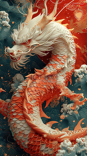 中国龙新年红底景泰蓝插画素材