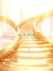 金色发光发光插画图片_金币在浅金色楼梯上插画图片