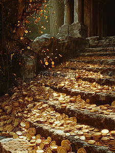 金币从台阶上落下插画图片
