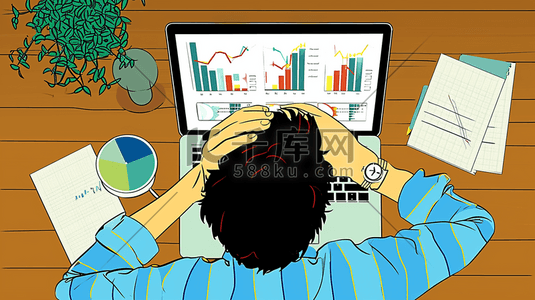 网络数据图插画图片_漫画办公室人员电脑前工作的背景图1插画图片