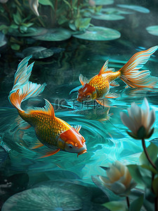两条鱼接吻插画图片_两条金鱼彩色水墨画图片