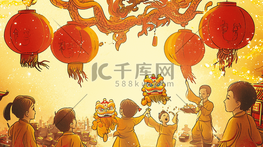 红色舞狮插画图片_卡通中国春节龙年孩童观看舞狮的背景图8插画
