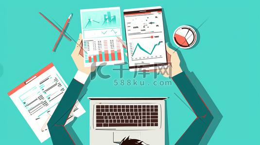 商务人士手机插画图片_俯视扁平化商务人士分析数据的背景图6插画
