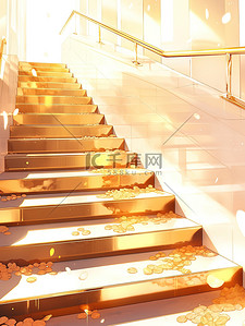 上楼梯插画图片_金币在浅金色楼梯上插画设计