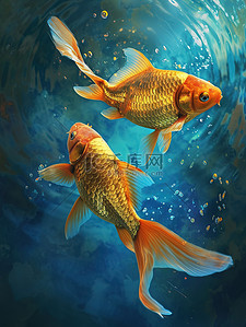 两条鱼接吻插画图片_两条金鱼彩色水墨画插图