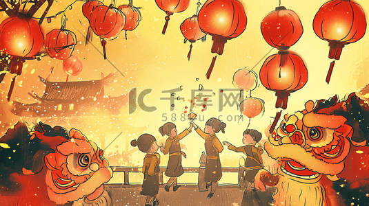 观看插画图片_卡通中国春节龙年孩童观看舞狮的背景图5插画