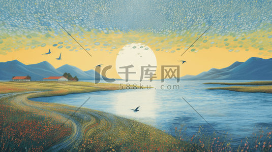 数字河湖插画图片_清晨湖面上太阳缓缓升起的插画16