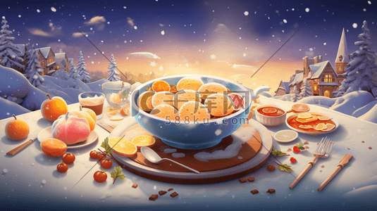 冬季唯美雪景春节厨房美味的插画1