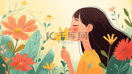 卡通手绘花丛里女孩拿着花朵的插画9