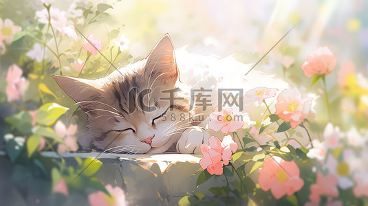 可爱卡通小猫插画图片_可爱的小猫和花卡通矢量插画