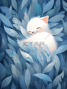 天猫开学季插画图片_白色的猫藏蓝色的羽毛中插画素材