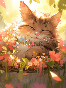 可爱的小猫和花卡通插画素材