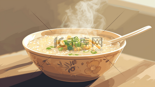 米饭插画图片_彩色陶瓷碗里热气腾腾的美食的插画1