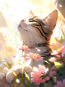 卡通可爱的小猫插画图片_可爱的小猫和花卡通插图