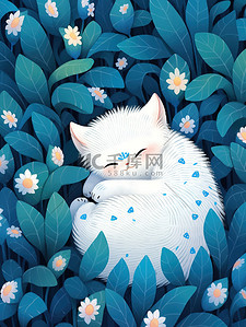 天猫面膜主图插画图片_白色的猫藏蓝色的羽毛中矢量插画