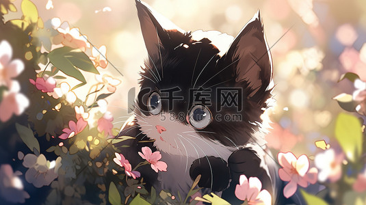 可爱卡通小猫插画图片_可爱的小猫和花卡通原创插画