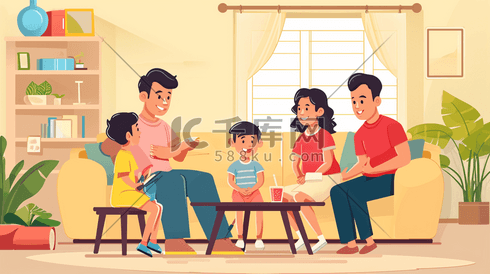 卡通手绘客厅里一家人开心聊天的插画3