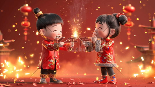 红色中国新年小孩子开心放鞭炮的插画9