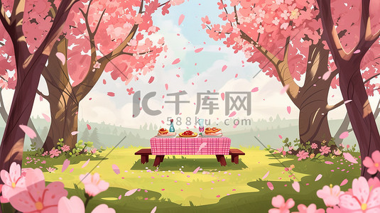 樱花林插画图片_樱花林野餐桌上的美食插画设计