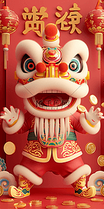 打过举起插画图片_新年插画狮子喜庆红色立体海报