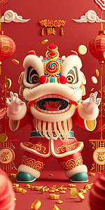 税收增加插画图片_新年狮子喜庆红色立体插画海报