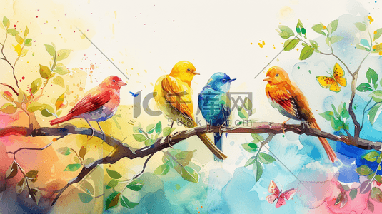 彩色水彩树枝上的鸟插画1