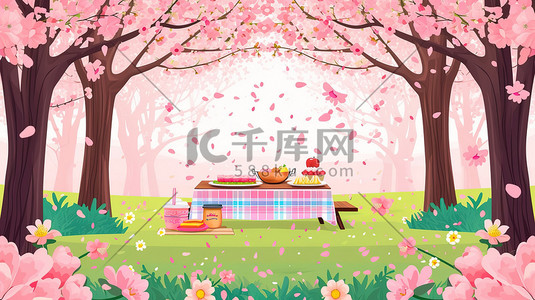 樱花林野餐桌上的美食插画