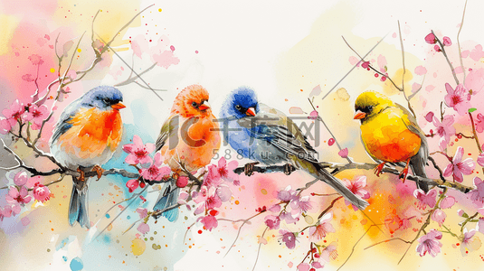 麻雀插画图片_彩色水彩树枝上的鸟插画5