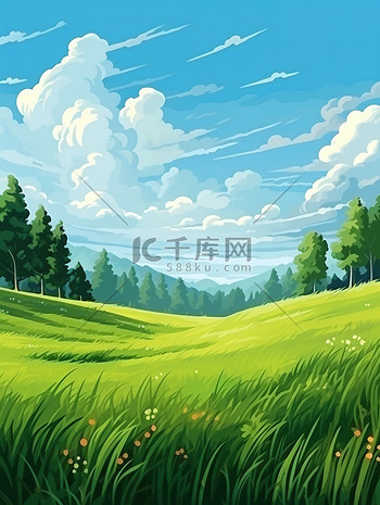 天空云朵葱郁的草地插画素材
