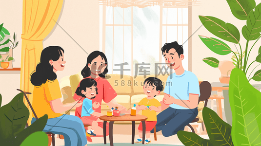 聊天表情插画图片_卡通手绘客厅里一家人开心聊天的插画10