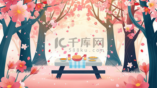 樱花林野餐桌上的美食插画素材