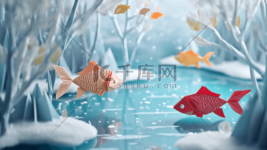 小鱼插画图片_冬季雪景鱼塘里小鱼快活的游动的插画12