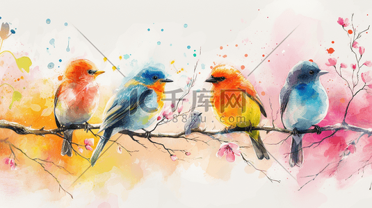 彩色水彩树枝上的鸟插画19