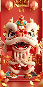 灯笼背景装饰插画图片_新年狮子插画喜庆红色立体海报