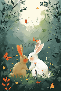 春天可爱兔子海报插画手绘